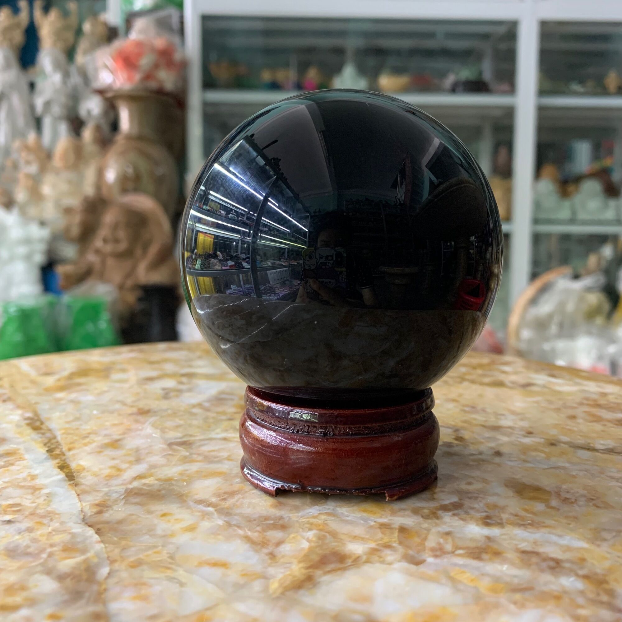 Quả cầu, bi cầu phong thuỷ đá thạch anh đen có tặng kèm đế - đường kính 8cm