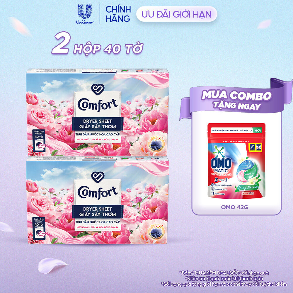 Combo 2 Hộp Giấy Thơm Comfort Hương Mẫu Đơn Và Hoa Hồng Ohara 40 tờ/hộp, Dành Cho Máy Sấy Quần Áo, Tủ Quần Áo