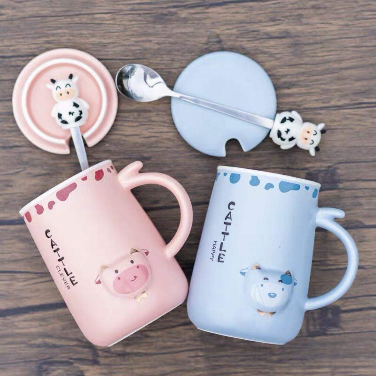 Ly Cốc Sứ Bò Sữa Có Nắp Và Thìa Uống Trà Uống Cà Phê Siêu Cute
