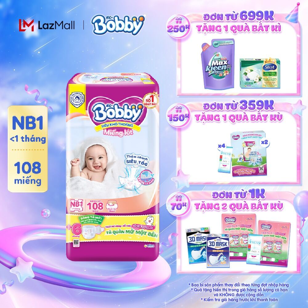 Miếng lót sơ sinh Bobby Newborn NB1 - 108 miếng - Siêu thấm khô thoáng (Tặng thêm 6 miếng Tã Quần Mở