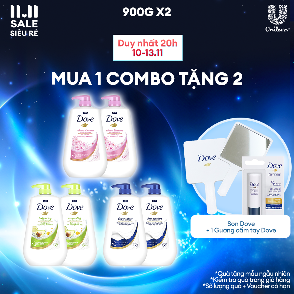 Combo 2 Sữa tắm dưỡng thể Dove chăm da mềm mịn tức thì với dưỡng chất lợi khuẩn da 900g/chai