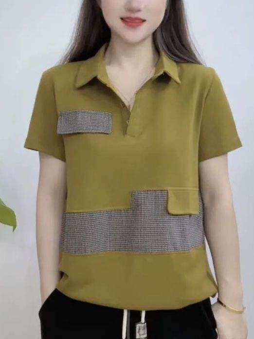 HUAXUNRAN | Áo Thun Tay Ngắn Mùa Hè Kích Cỡ Lớn Form Rộng Cổ Xếp Trẻ Hóa