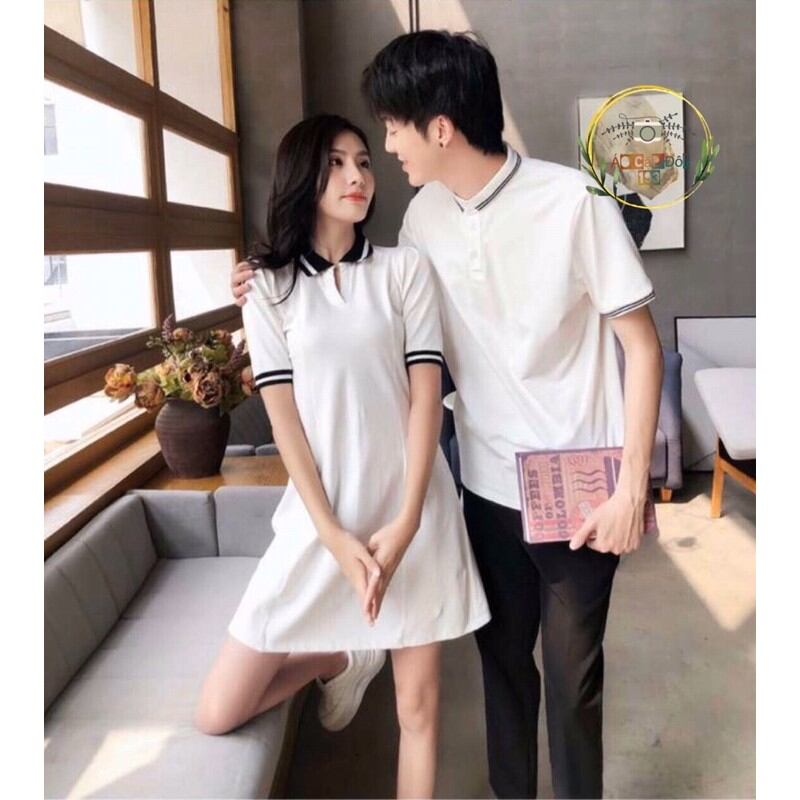 Set Váy+Áo thun đôi nam nữ viền cổ POLO(có 2 màu đen+ trắng)