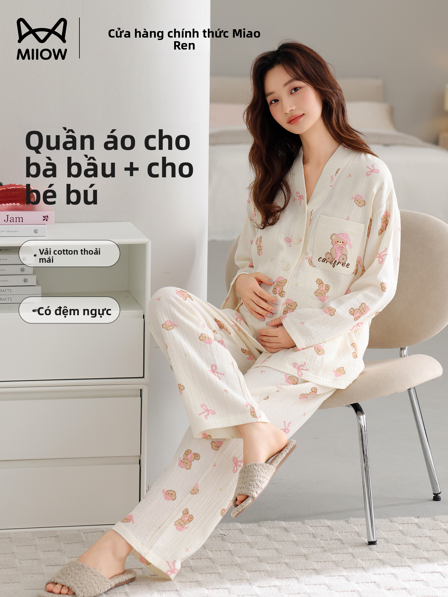 MiiOW | Breastfeeding Postpartum Sleepwear Set Cotton with Padded Cups Giá  697,000 Đồng*Miễn phí vận chuyển