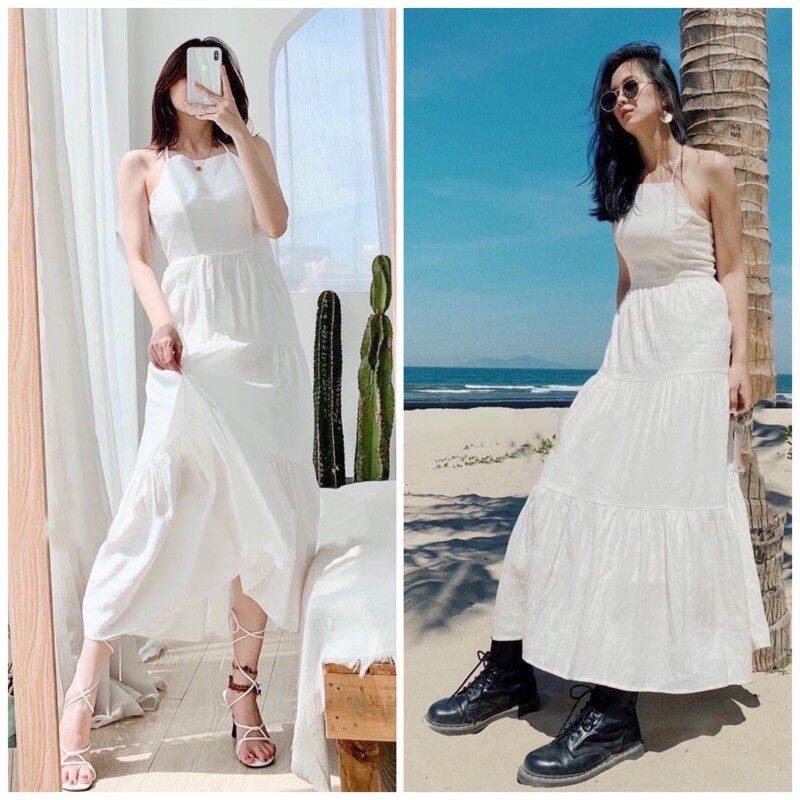 đầm maxi trắng đi biển đầm yếm maxi hở lưng