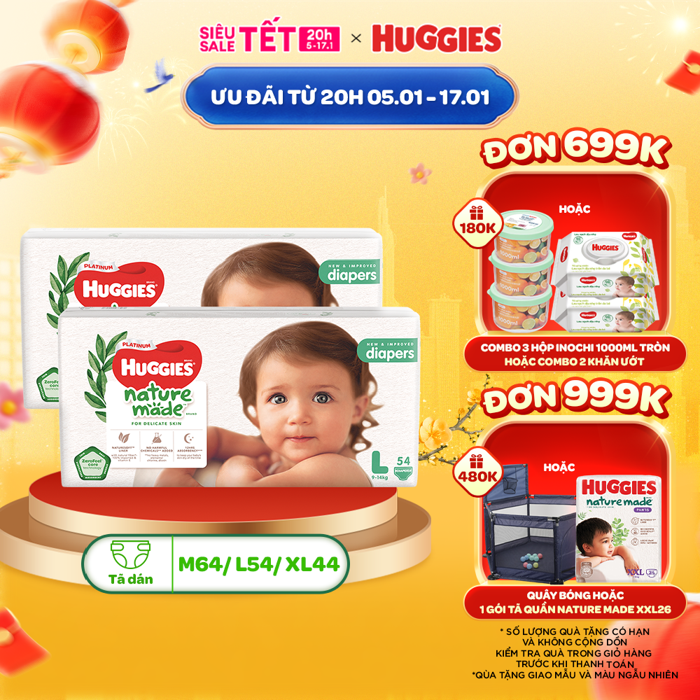 Combo 2 Tã/Bỉm dán Huggies Platinum NatureMade M64/L54/XL44