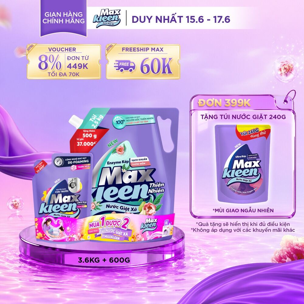 Combo Nước giặt xả MaxKleen Hương Thiên Nhiên Vườn Hoa Thanh Khiết: 1 Túi 3.6kg + 1 Túi 600g