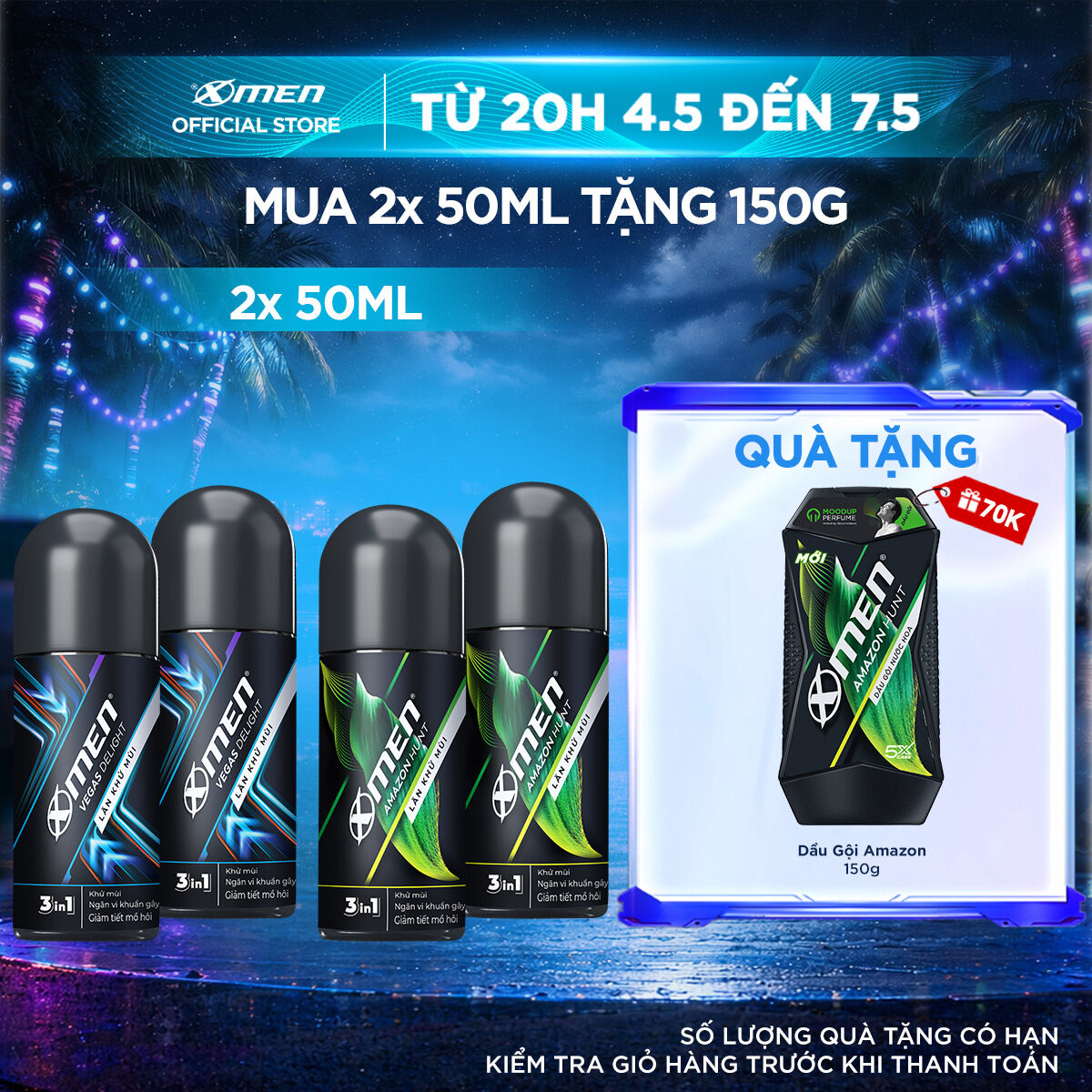 [COMBO MUA 2 TẶNG 1] Combo 2 Lăn khử mùi Xmen Amazon Hunt/Vegas Delight 50ml/chai + Tặng 1 Lăn khử mùi Amazon/Vegas 50ml