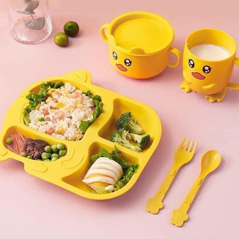 Bộ khay bát ăn dặm 5 món có thìa dĩa hình vịt vàng siêu xinh cho bé