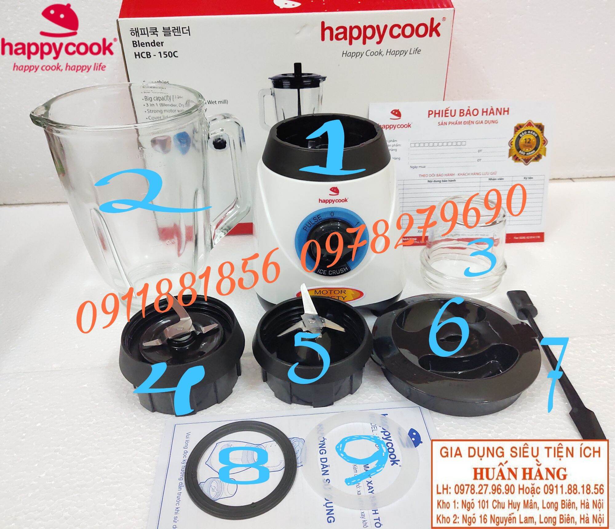 Linh kiện - Cối thuỷ tinh, cụm dao xay, gioăng dao xay, hoa khế cho máy xay sinh tố Happycook HCB150X HCB-150C