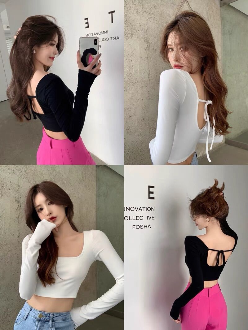 Áo kiểu thun croptop tay dài cổ vuông đính dây cá tính cho nữ