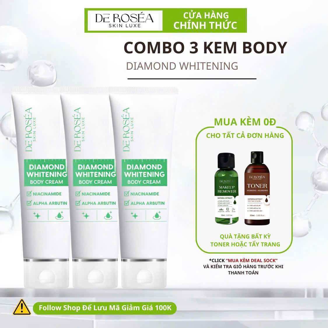 COMBO 3 KEM BODY DIAMOND DE ROSEA- dưỡng trắng da, mờ thâm, cải thiện sắc tố da, cấp ẩm, mướt mịn da
