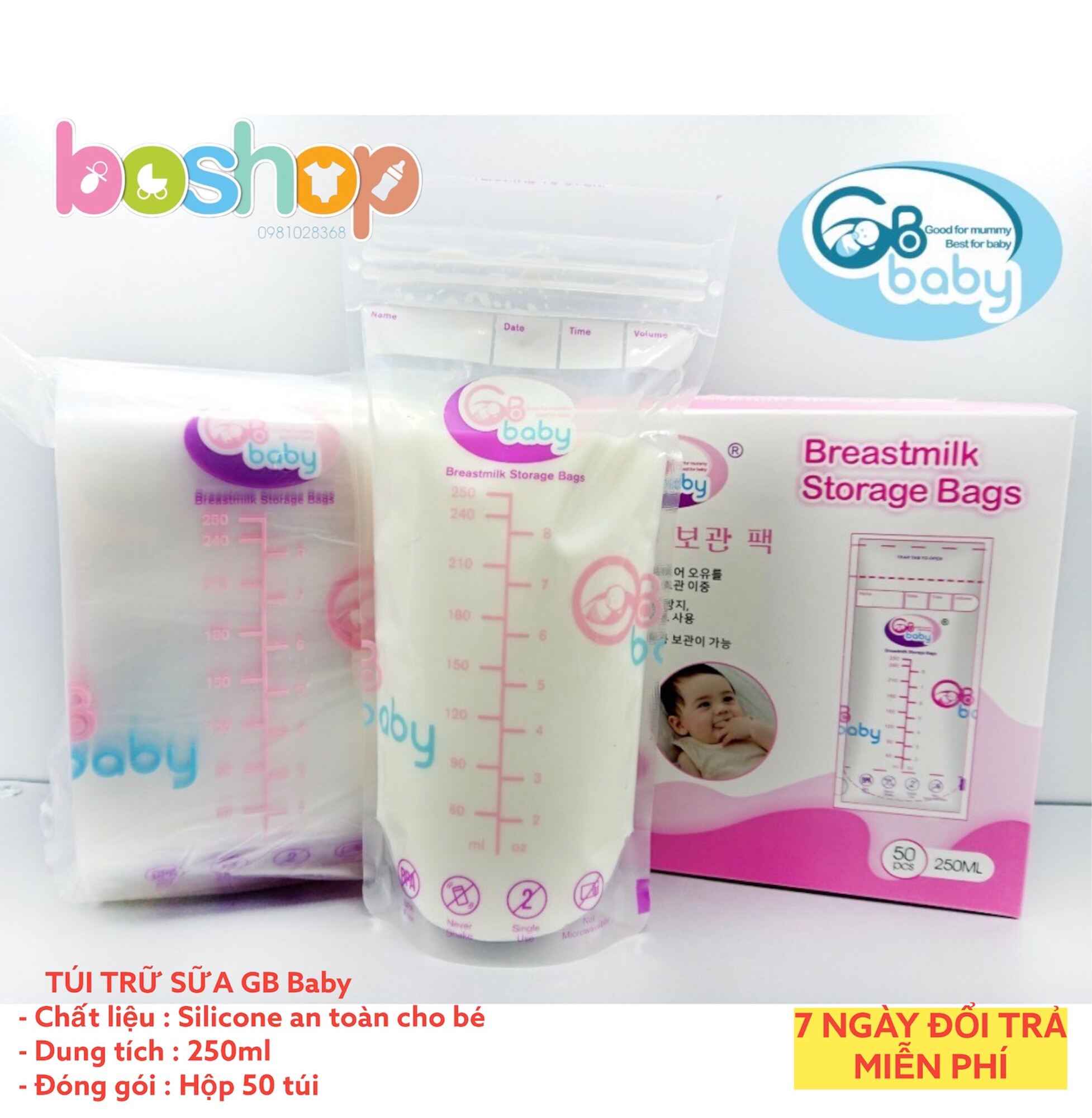 Túi trữ sữa GB Baby Hàn Quốc 250ml - Hộp 50 túi tặng kèm bút lông dầu
