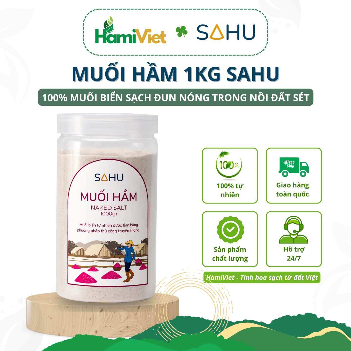 Muối hầm 1kg Sahu được làm từ 100% muối biển sạch tự nhiên theo phương pháp truyền thống