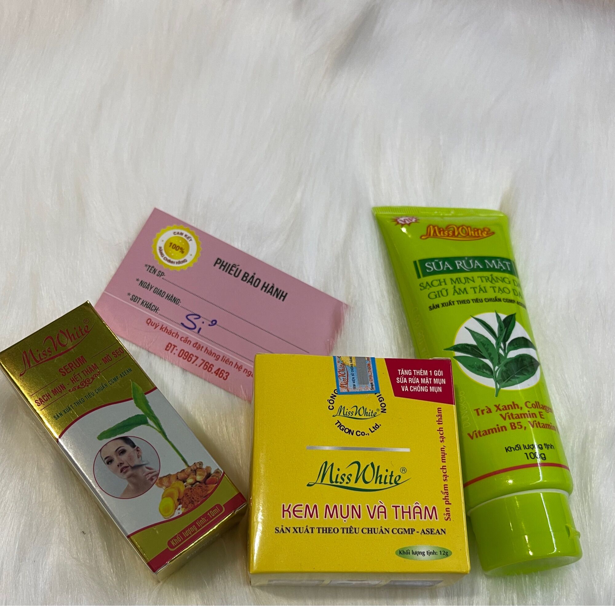 Combo kem nghệ hết mụn Miss White 12g + srm trà xanh + Serum hết mụn 10ml