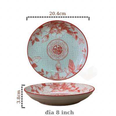 Combo 5 đĩa gốm sứ 20cm, đĩa gốm sứ hoa văn cao cấp,dĩa sứ