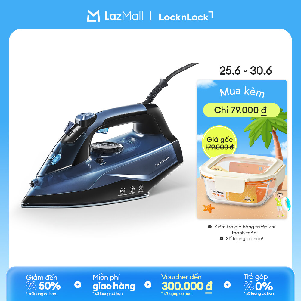Bàn ủi hơi nước LocknLock ENI362BLU 2000-2400W, 340ml - màu xanh dương - Tăng cường phun hơi đáy  phun tia, có chế độ tự làm sạch