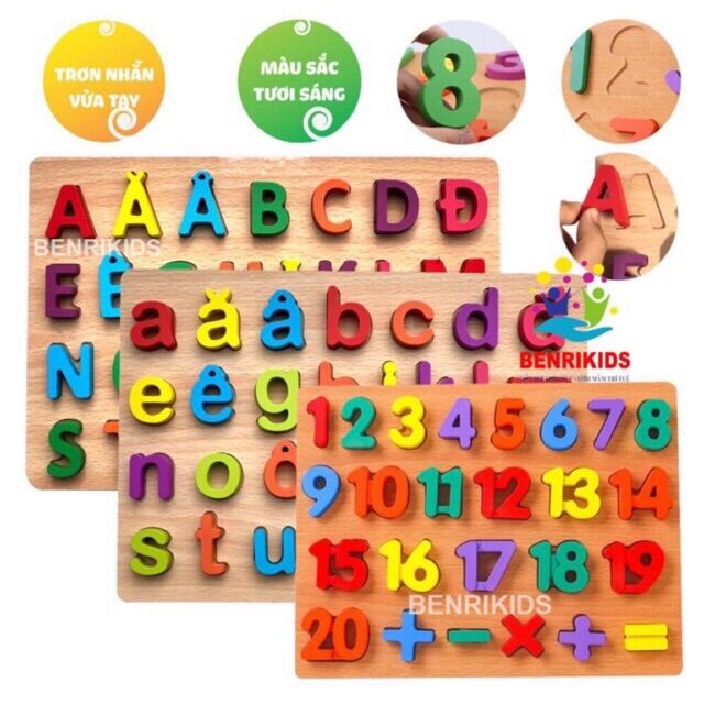 Bảng chữ cái in thường in hoa tiếng việt và số đếm 20 số phép tính bằng gỗ bẻnikids