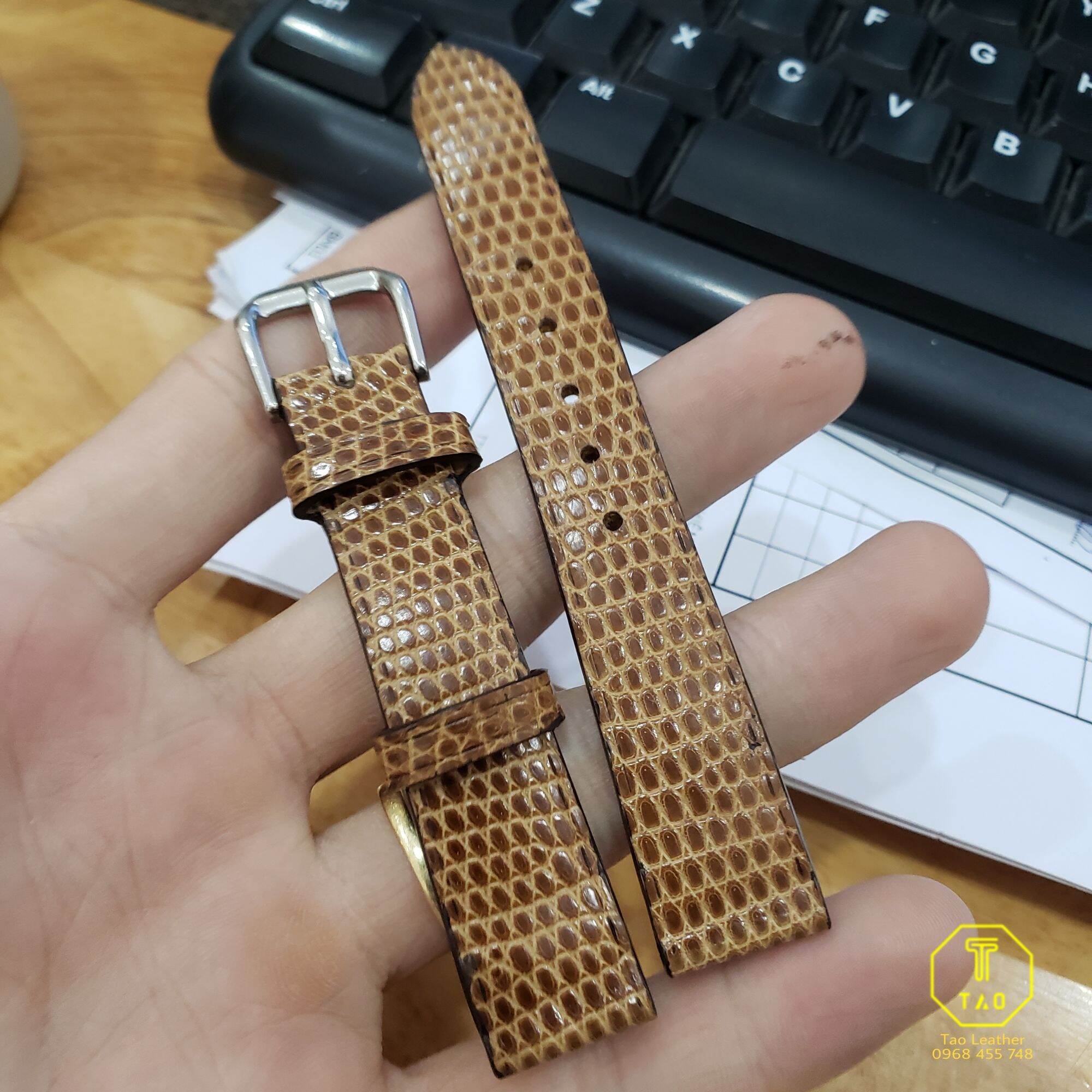 (Handmade) Dây đồng hồ da kỳ đà Pháp màu nâu