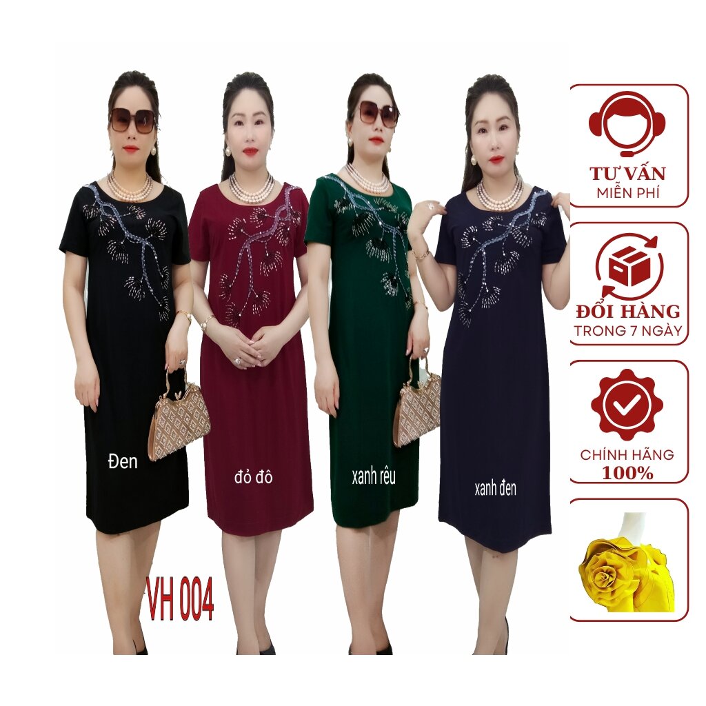 Váy dầm trung niên VH004 from suông dáng A che Bụng .Đính Đá, kết kim sa - Sang chảnh lịch lãm