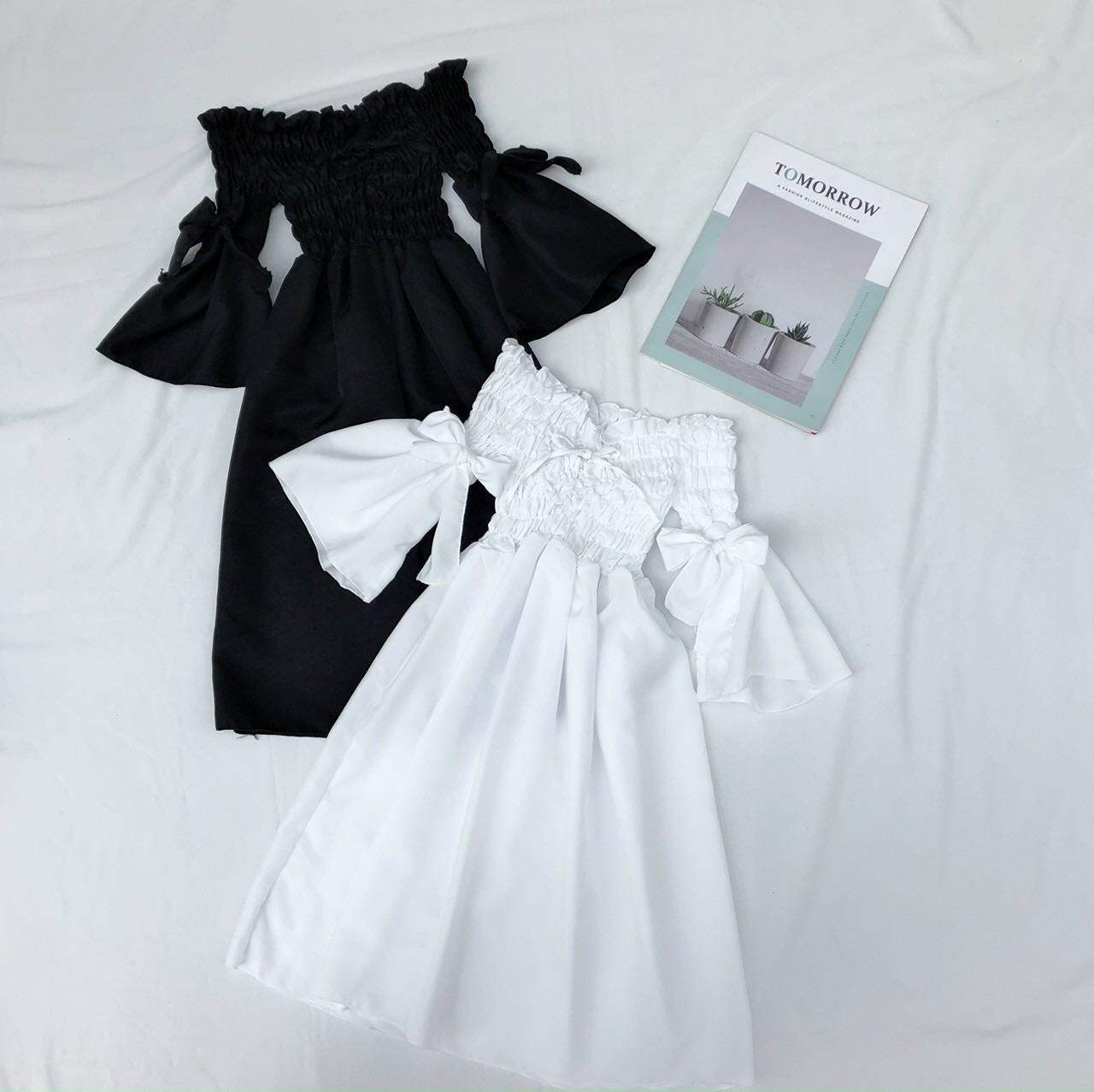 Đầm bẹt vai nhún phối nơ tay xinh đẹp