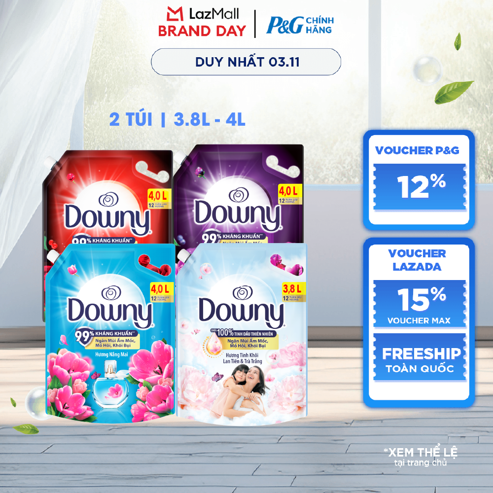 Combo 2 Nước Xả Vải DOWNY Hương Nước Hoa Cao Cấp Đam Mê/ Huyền Bí/ Nắng Mai/ Tinh Khôi Túi 3.8L/4L