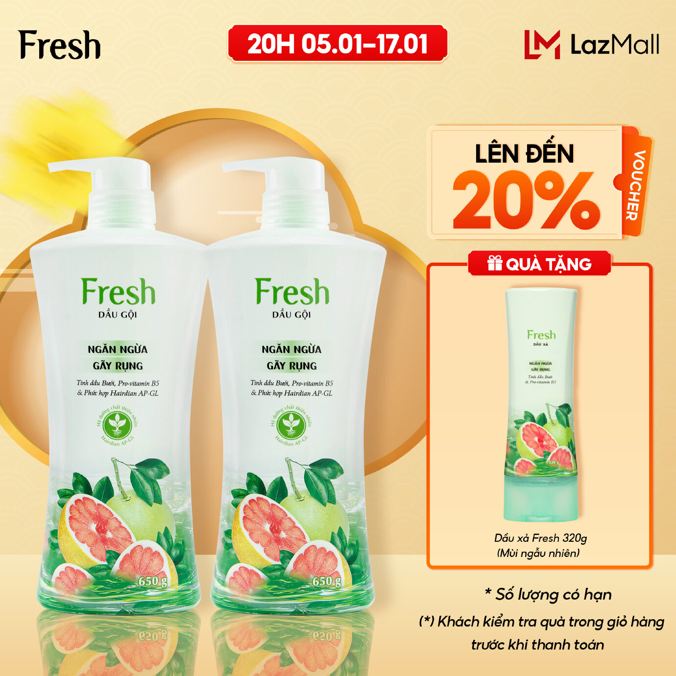 Combo 2 Dầu Gội Fresh Thiên Nhiên Giảm Gãy Rụng Tinh Dầu Bưởi 650g Chính Hãng