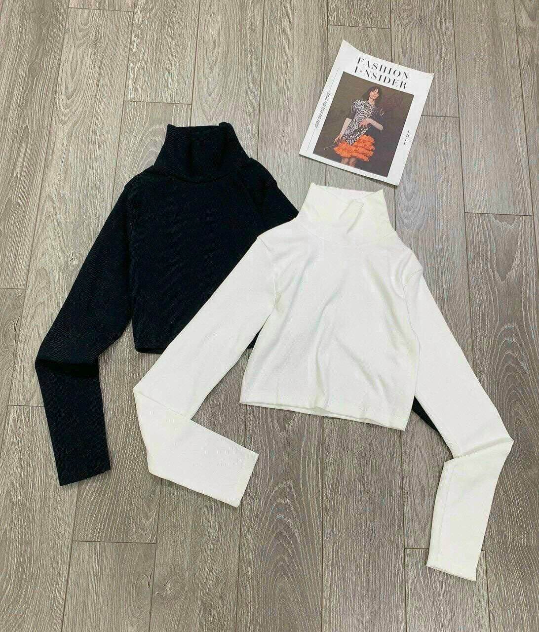 ÁO thun cổ lọ tay dài croptop thun gân