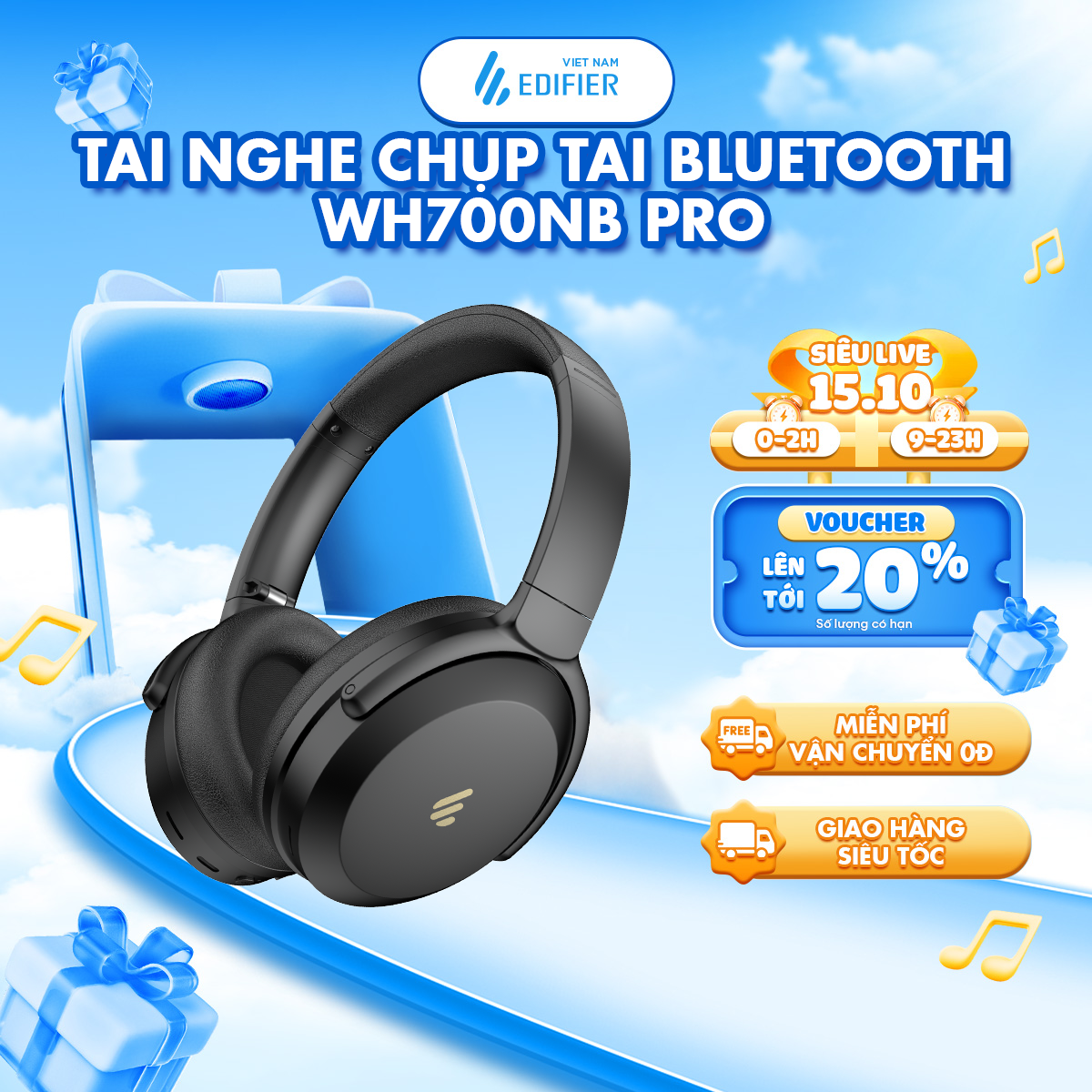 Tai nghe chụp tai không dây EDIFIER WH700NB/WH700NB Pro | Phát nhạc lên tới 68H | Khử tiếng ồn môi trường | Bảo hành 15 Tháng