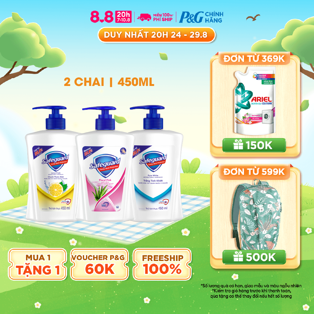 Combo 2 nước rửa tay safeguard chai 450ml diệt 99.9% vi khuẩn