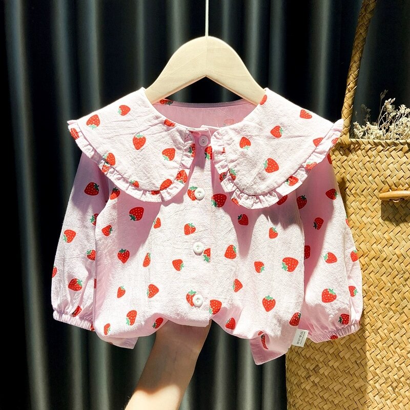 Áo sơ mi dài tay bé gái trang phục mùa xuân trang phục trẻ em mùa thu áo búp bê cổ bẻ cotton em bé trẻ em 1 tuổi 3 áo sơ mi bé gái