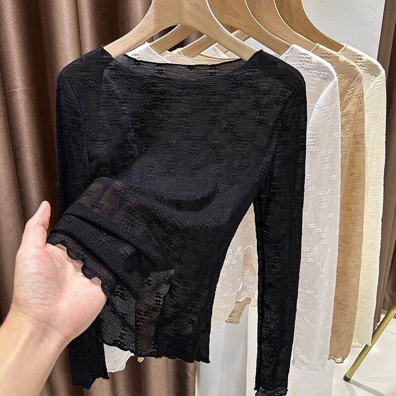 Áo Sơ Mi Ren Lưới Nữ Mùa Thu Đông Cổ Tròn Tay Dài Ren Viền Gỗ Xếp Nếp Mỏng Áo Lót Thanh Lịch