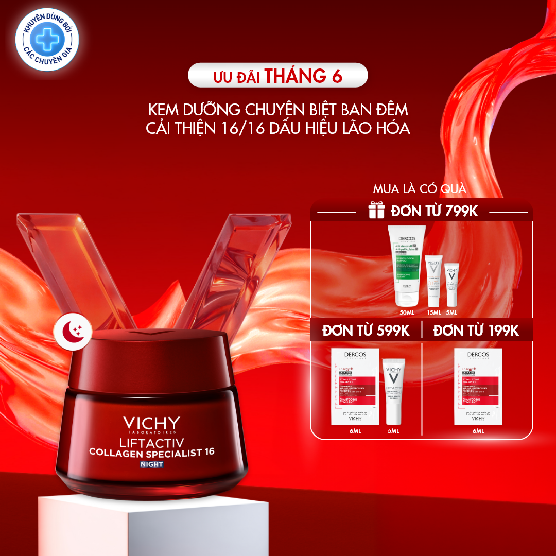 Kem dưỡng giúp cải thiện trọn 16 dấu hiệu lão hóa, giảm nếp nhăn, sáng da, dùng ban đêm Vichy Collagen 16 Night 50ml