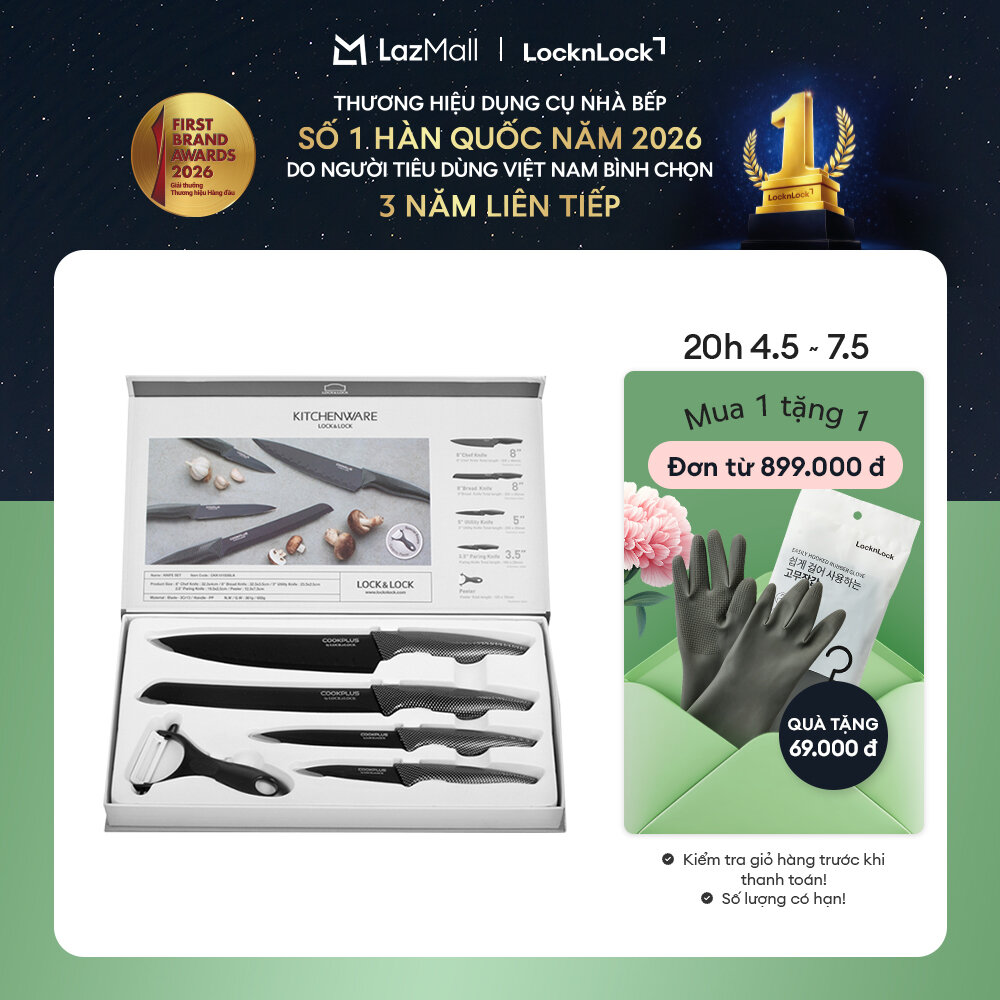 CKK101S5BLK - Bộ dao nhà bếp 5 món thép không gỉ LockLock (4 Dao, 1 gọt vỏ trái cây) COOKPLUS - Hàng chính hãng - Giới hạn 5 sản phẩm/khách hàng