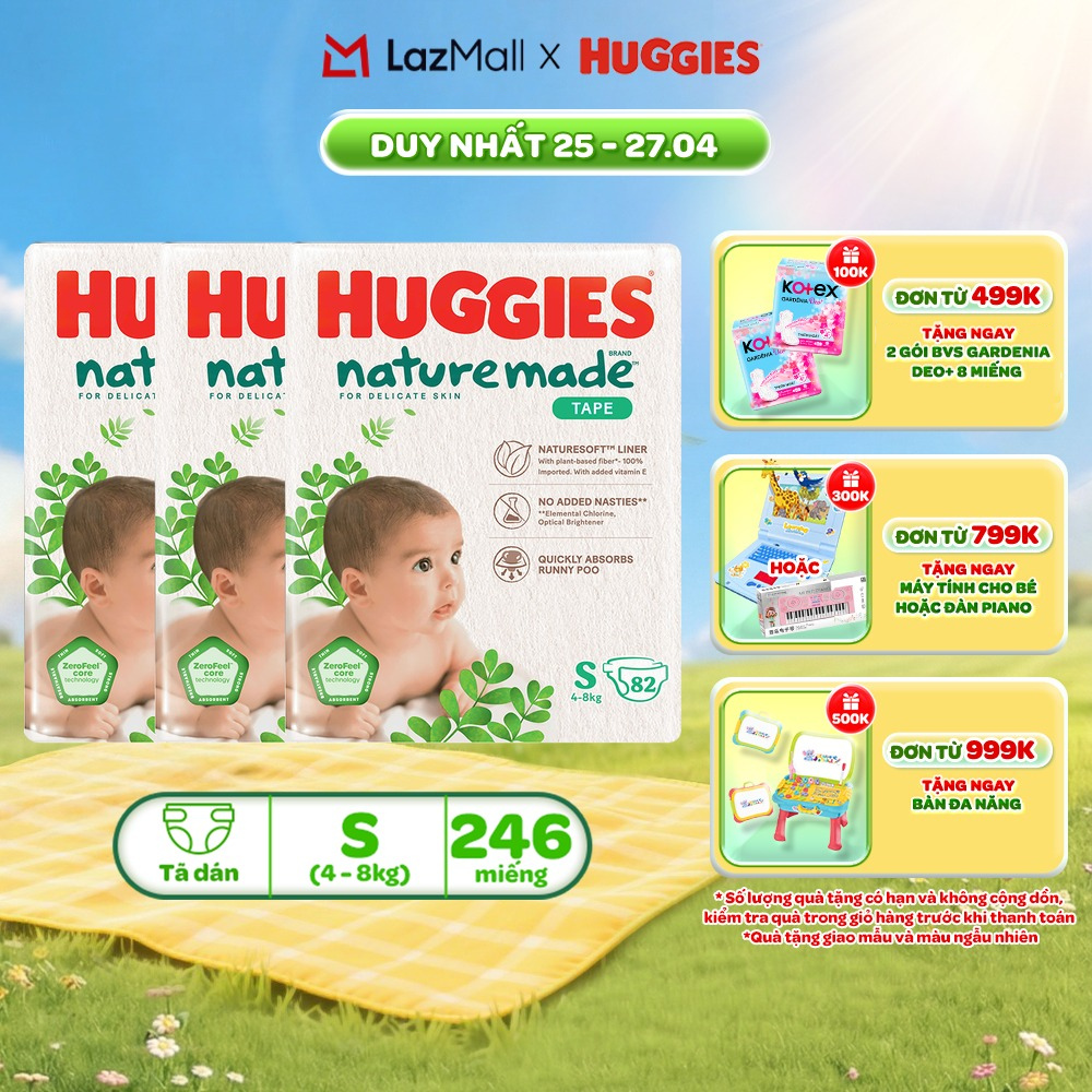 Combo 3 Tã/Bỉm dán sơ sinh Huggies NatureMade S82 (4-8kg)-Gói Super Jumbo 82 miếng