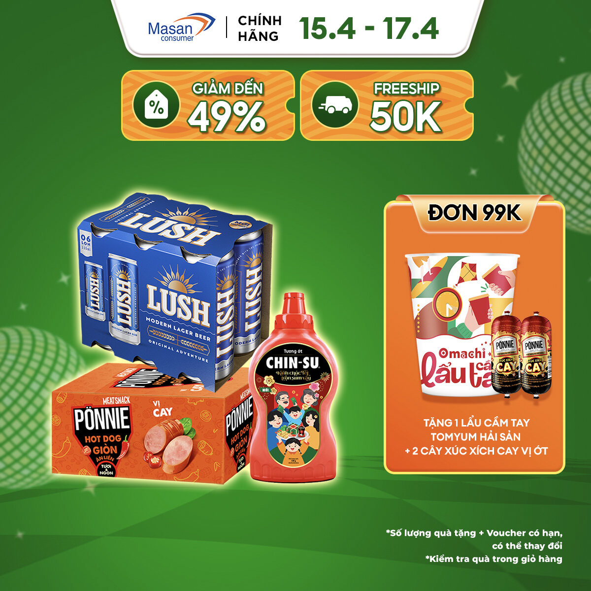 [15-17.4 Voucher 18% CHO ĐƠN TỪ 199k]Combo Lốc 6 Lon Bia Lush Original Adventure Vị Lager Nguyên Bản X 330Ml (Nồng Độ Cồn 4,5%) + 1 Hộp Ponnie Hot Dog Giòn Ăn Liền Vị Cay + 1 Tương Ớt Chin-Su Chai X 500Gr