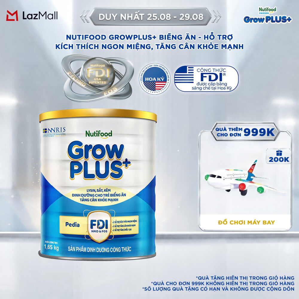 Sữa Bột Nutifood GrowPLUS+ Biếng Ăn (Xanh) - Hỗ Trợ Kích Thích Ngon Miệng, Tăng Cân Khỏe Mạnh (Lon 1,65 Kg)