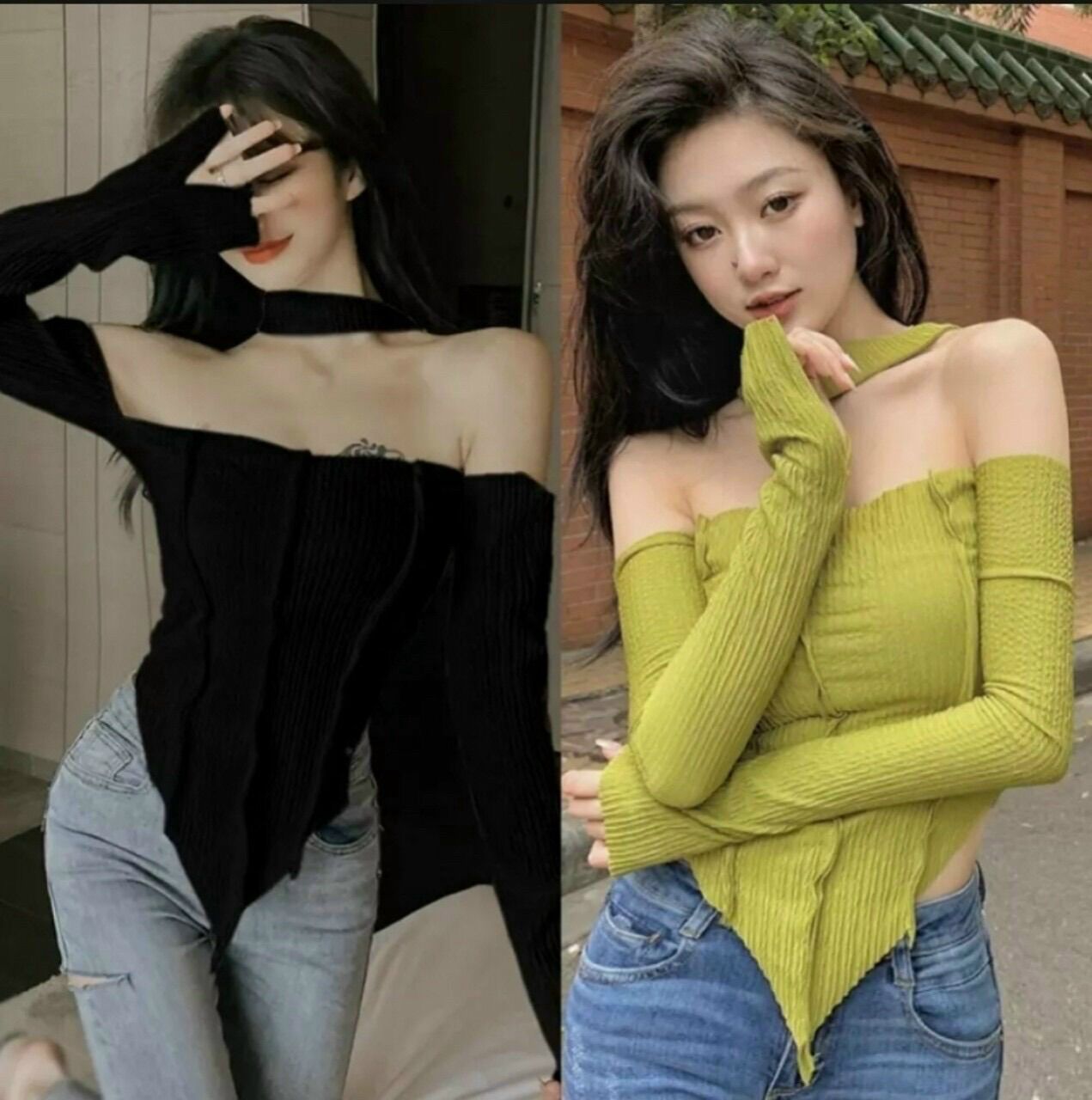 Áo bẹt vai choker tay dài