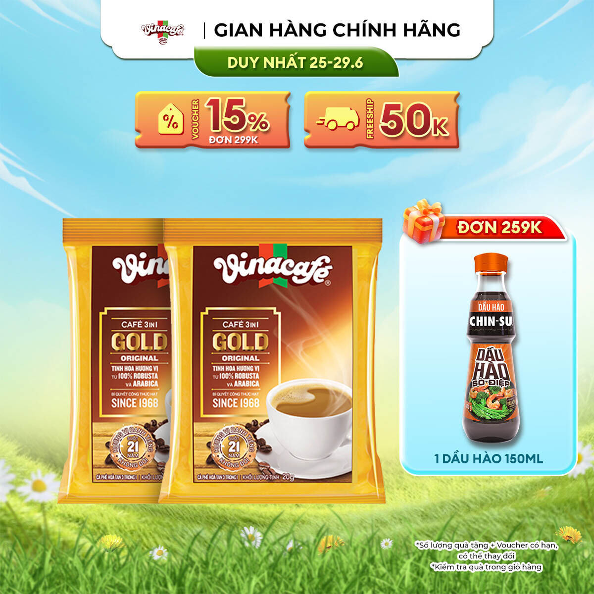 [DUY NHẤT 25-29.06 VOUCHER 18% ĐƠN 249K] Combo 2 Cà Phê Vinacafé 3In1 Gold Original - Túi 24 Gói x 20g