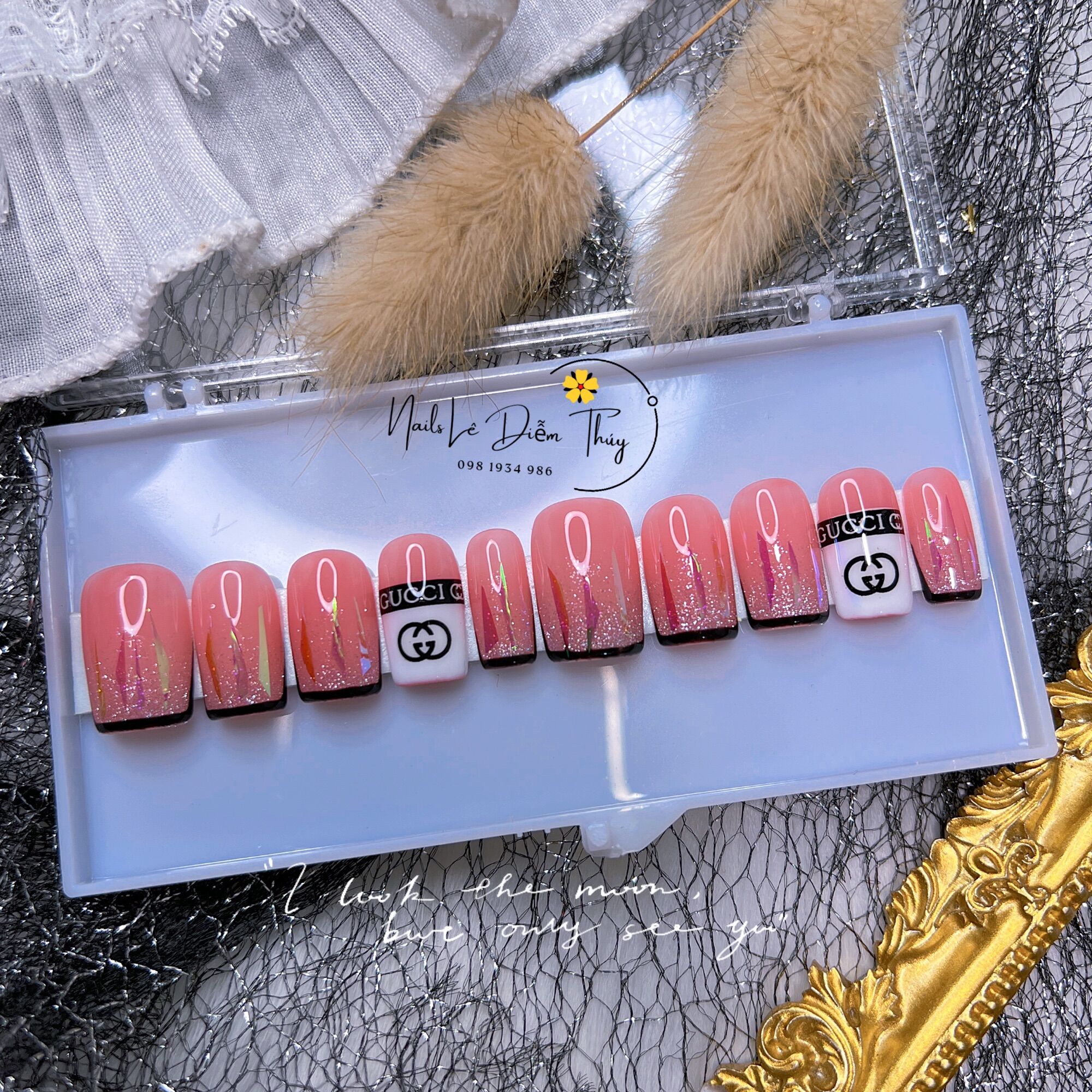 Nail Box design Nail Box pink rhinestones hears nail tip