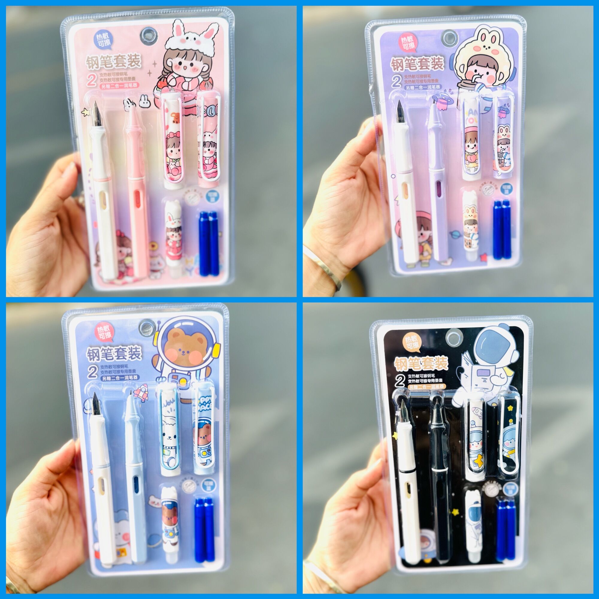 Set 2 bút máy gắn ống mực gồm 1 bút thanh đậm và 1 bút máy kim tinh mẫu gấu thỏ cute