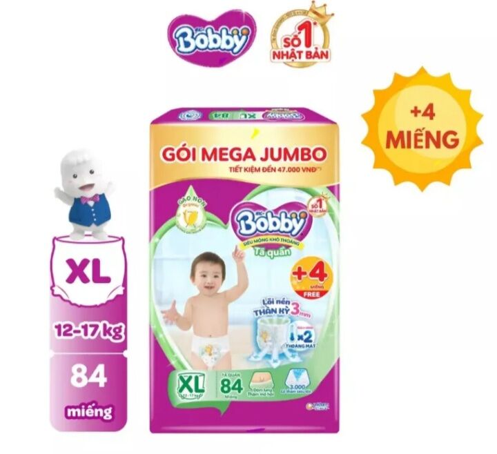 Tã quần bobby XL84 +4 miếng gạo non