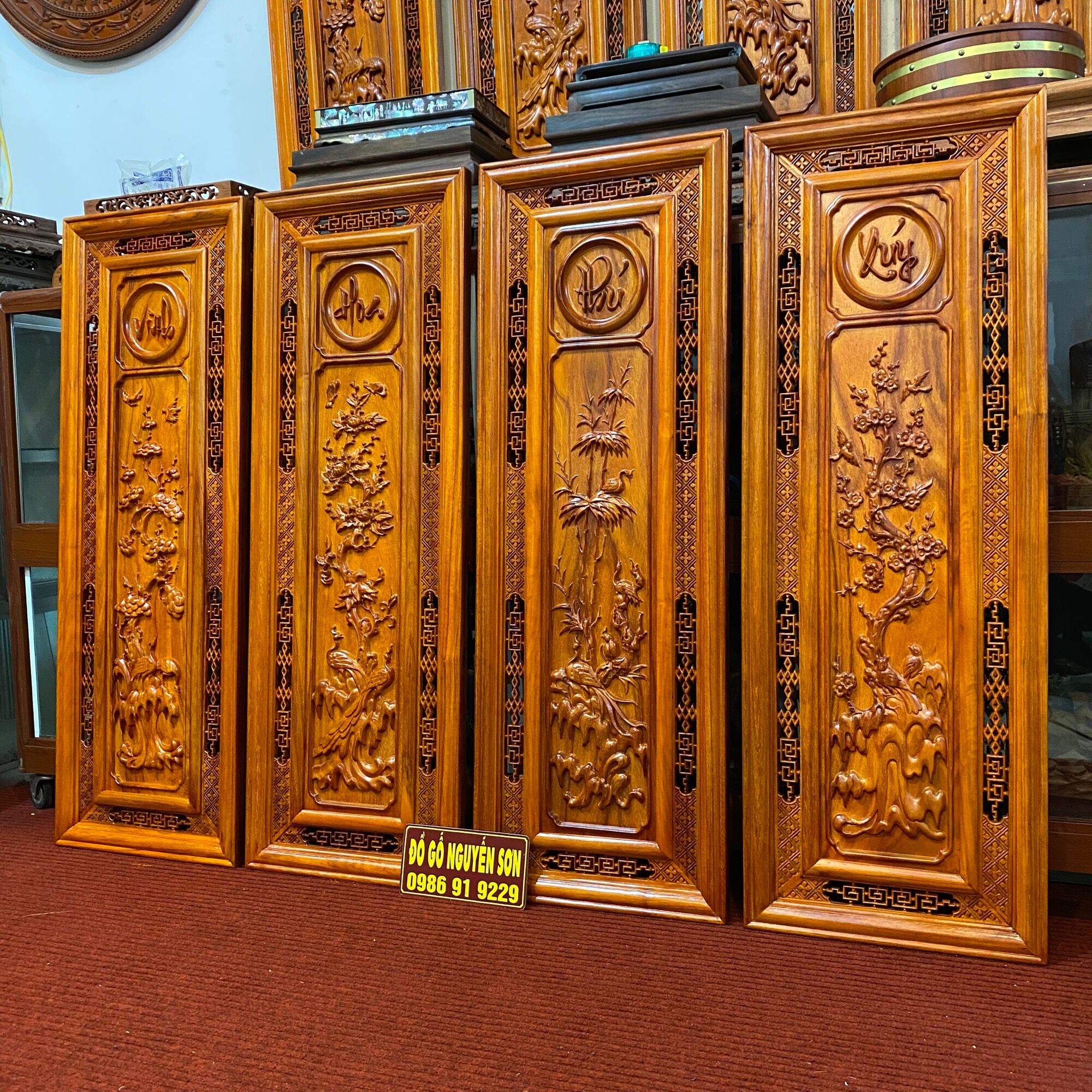 Bộ Tranh tứ quý gỗ hương đỏ nam phi