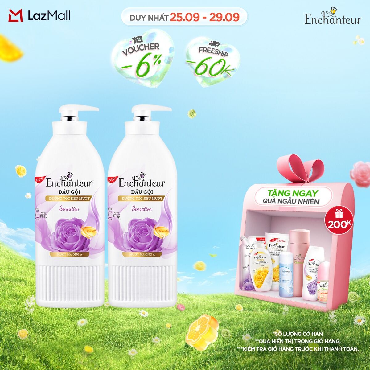 [TẶNG DẦU XẢ FULLSIZE] Combo 2 Dầu gội dưỡng tóc siêu mượt Enchanteur Sensation Keratin 650gr/Chai