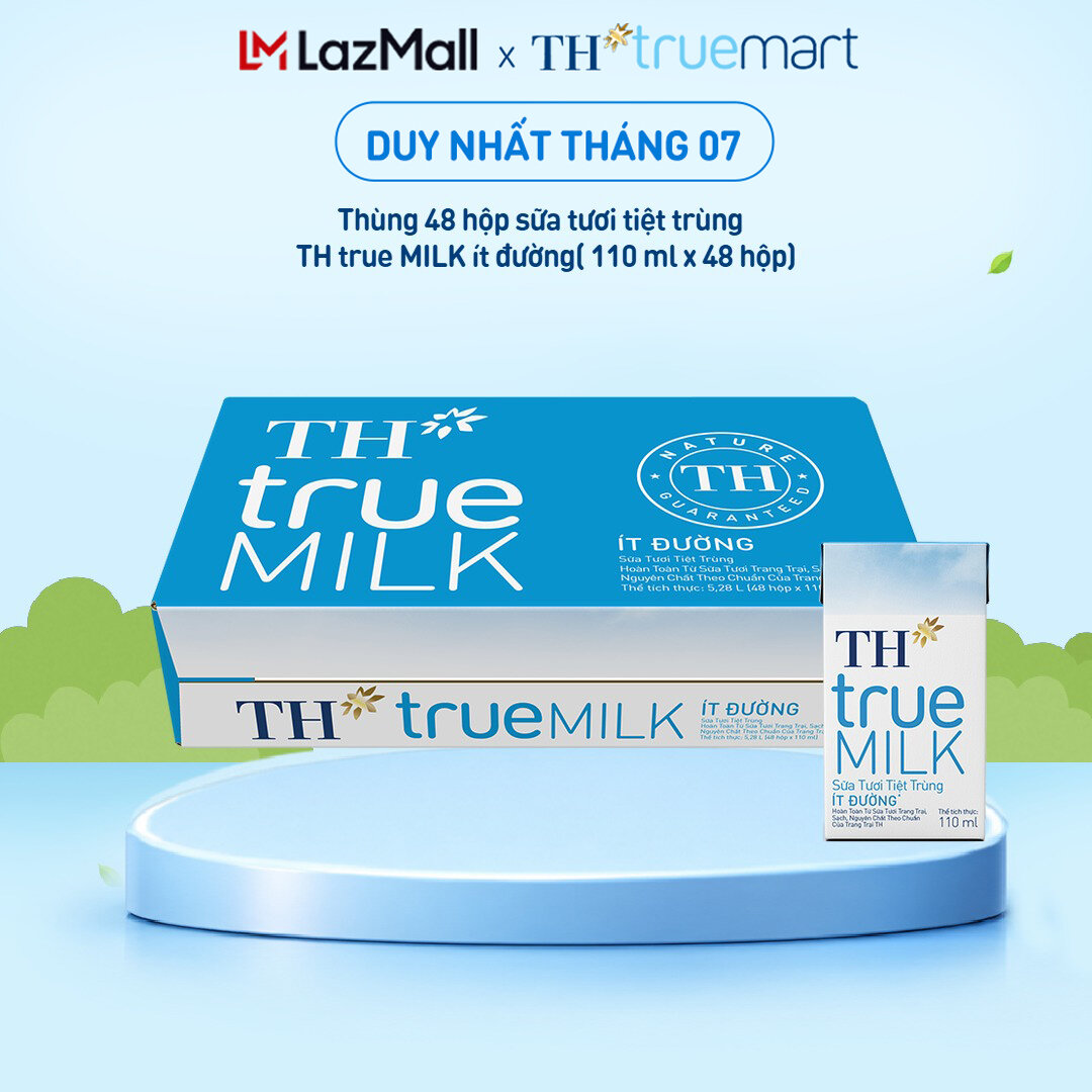 Thùng 48 hộp sữa tươi tiệt trùng TH true MILK ít đường 110 ml (110 ml x 48)