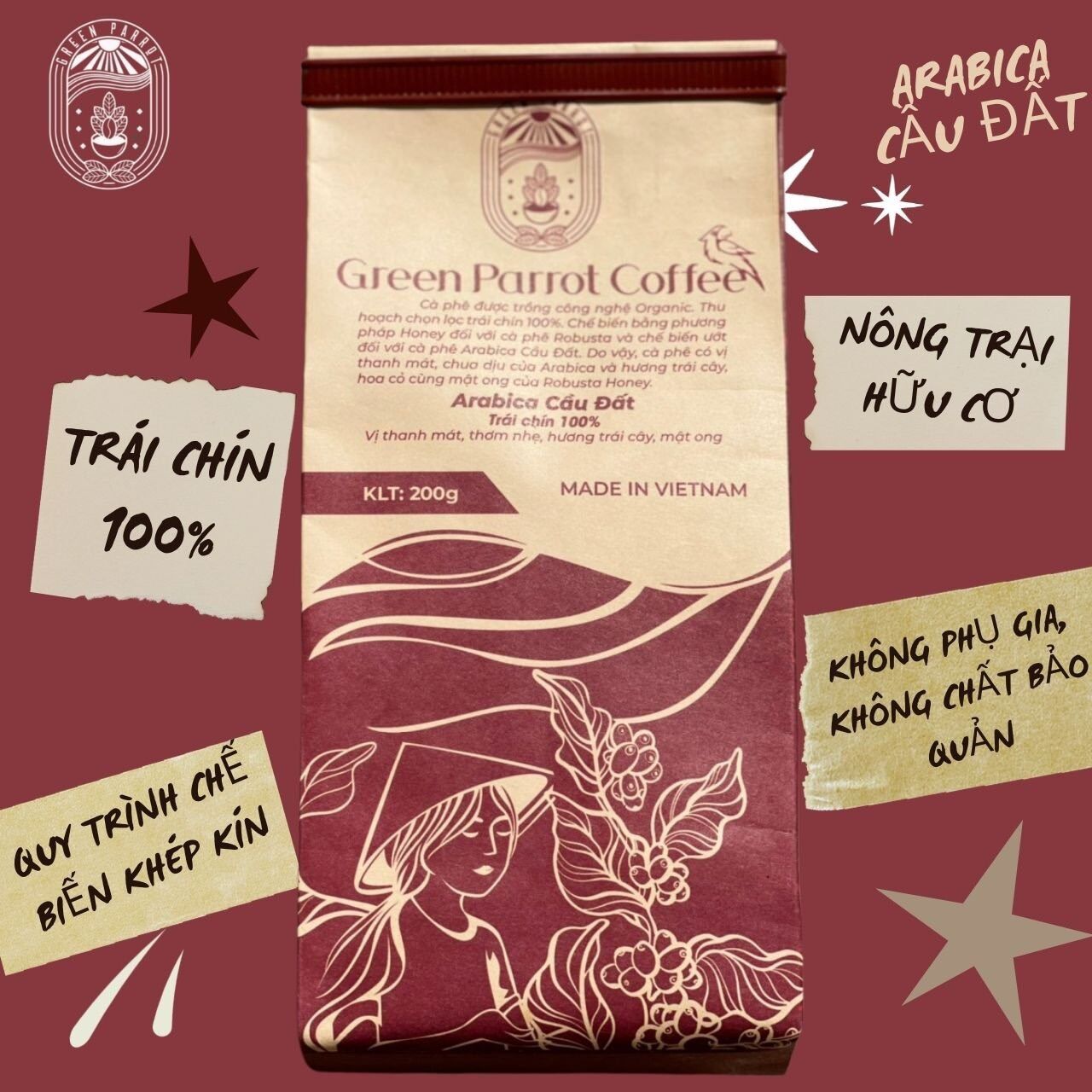 Cà phê Arabica Cầu Đất nguyên chất Green Parrot 200g - 100% trái chín