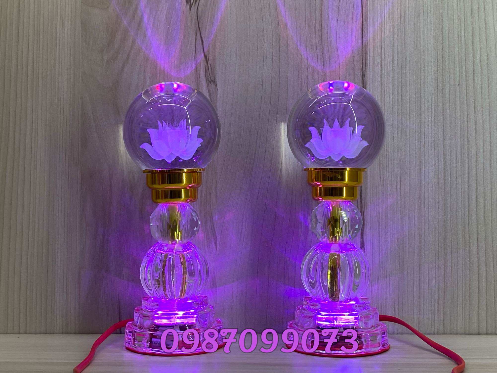 Cặp đèn thờ quả cầu pha lê hoa sen 3d đổi màu