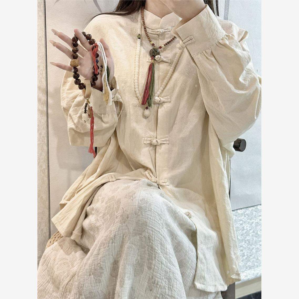 Bộ Đồ Trà Phong Cách Trung Hoa Mới Bằng Vải Lanh Cotton Pure Color Cổ Đứng Tay Thường Không Có Thương Hiệu Quần Áo Nữ