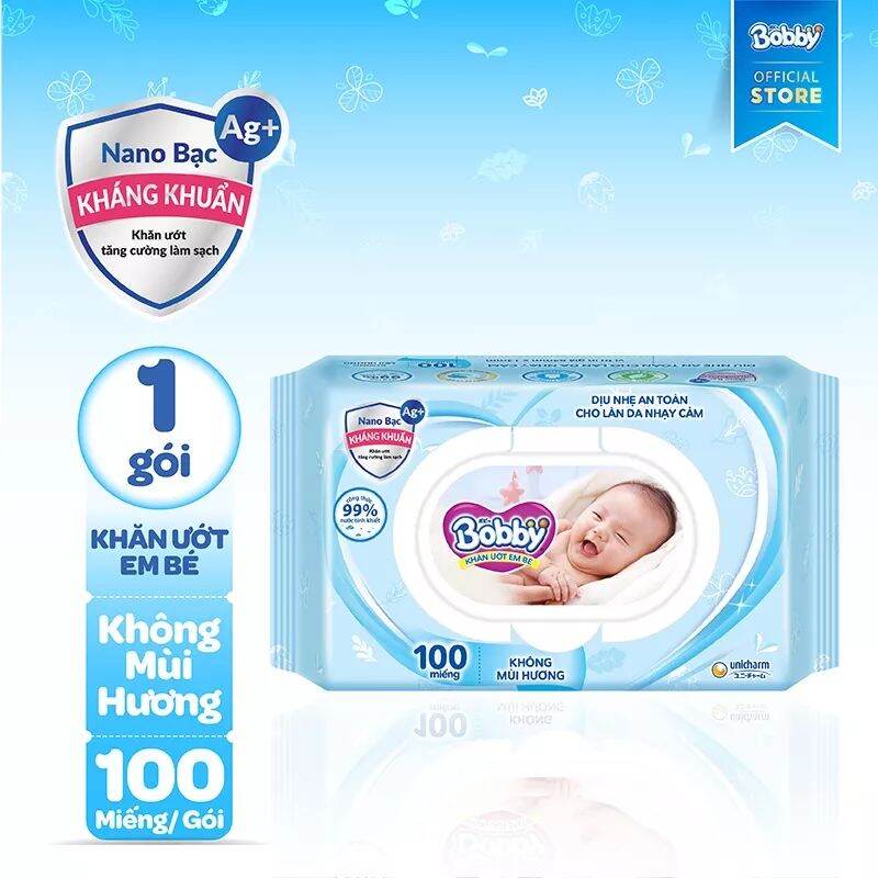 [Date 2024] 1 gói khăn ướt Bobby 100 miếng, Huggies 64 miếng
