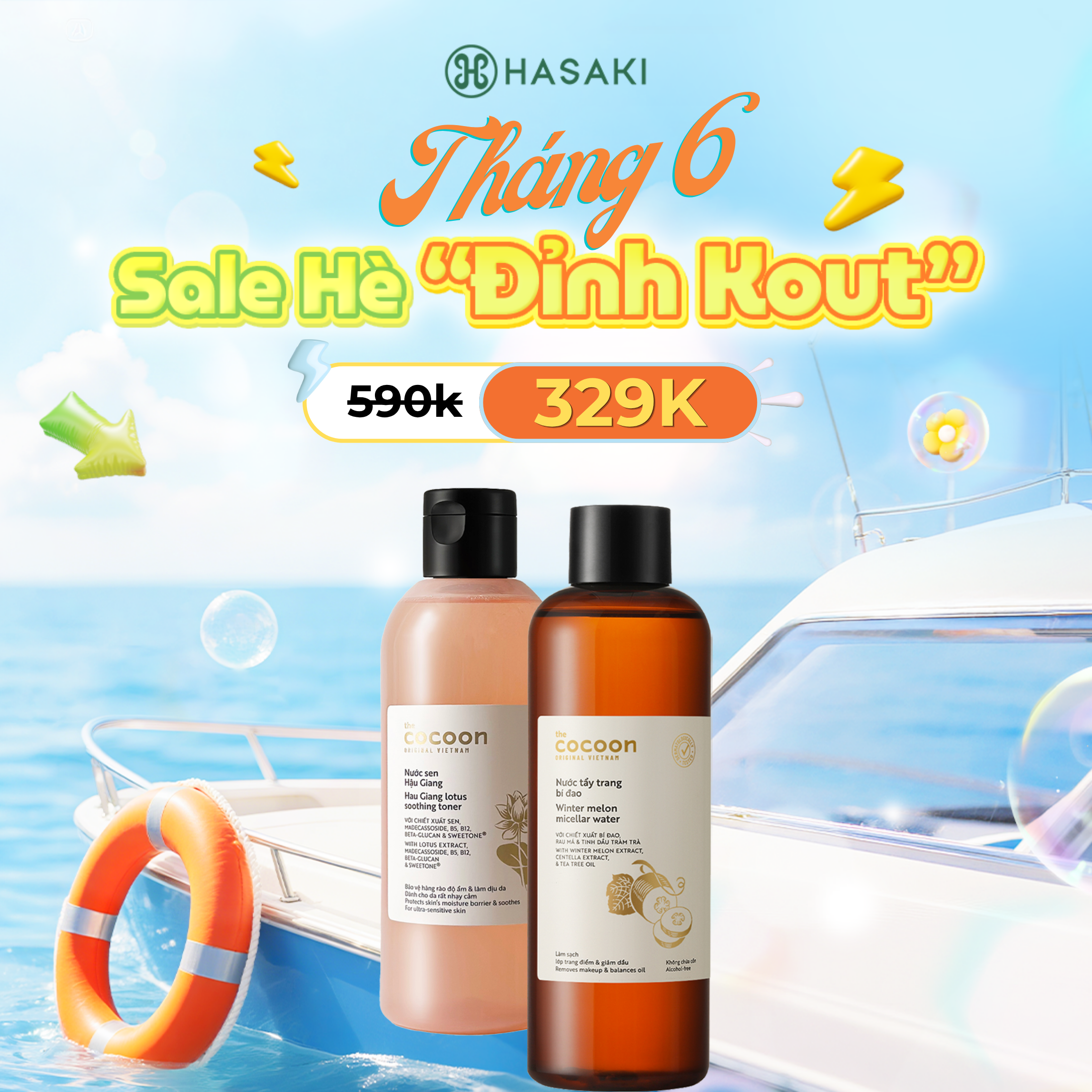 Combo Cocoon Nước Cân Bằng Sen Hậu Giang + Nước Tẩy Trang Bí Đao Hau Giang Lotus Soothing Toner + Winter Melon Micellar Water Hasaki Sản Phẩm Chính Hãng